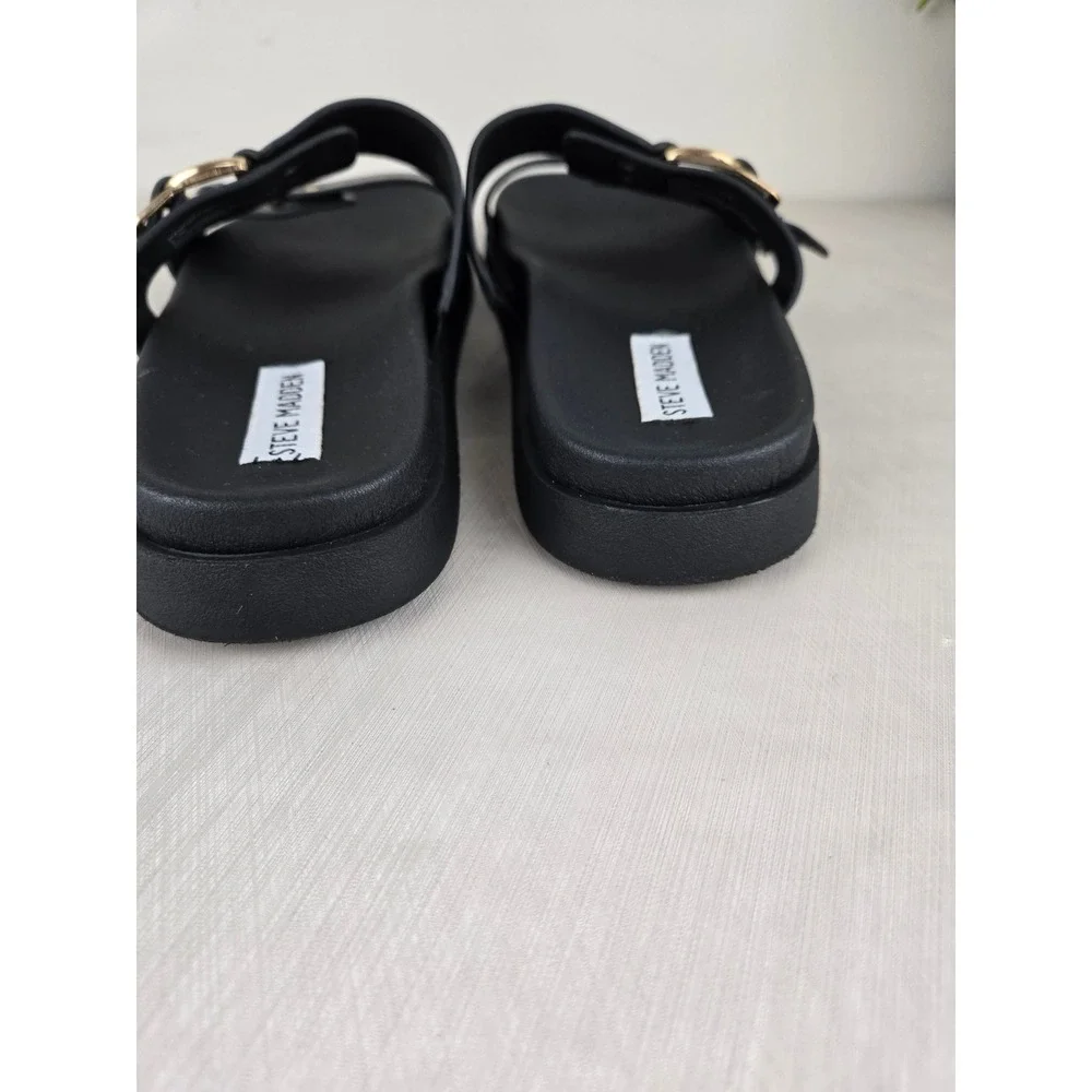 Steve Madden Hanni Black Platform Slide Sandals Gold Buckle Womens 8.5M - Picture 6 of 12